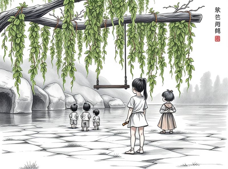 The children approach the swinging beam, and She stands ready with her tool as vines sway overhead.