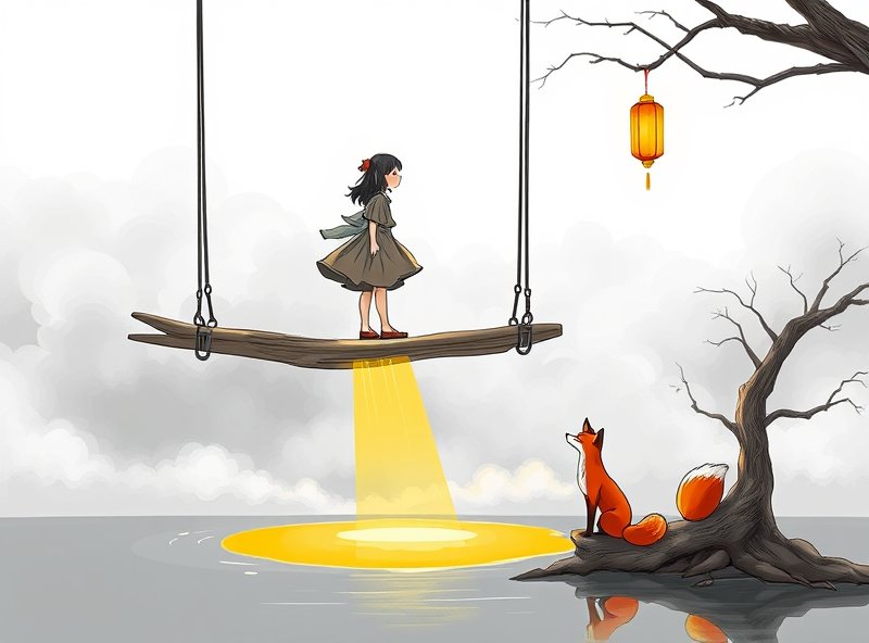 She steps safely on the hardening amber, and a red fox watches from the shore as light breaks through.