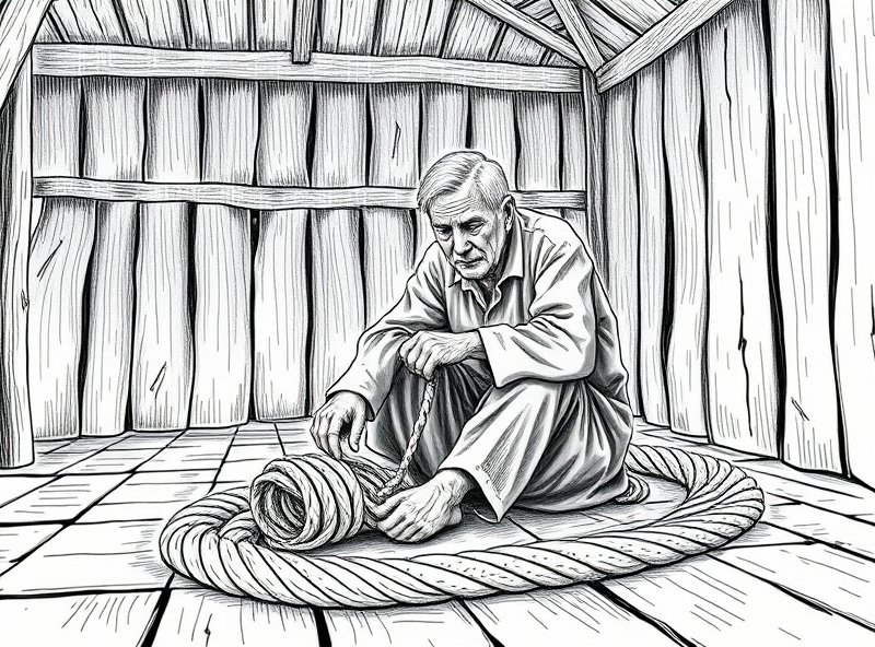Mara examining the coiled rope while rain falls.