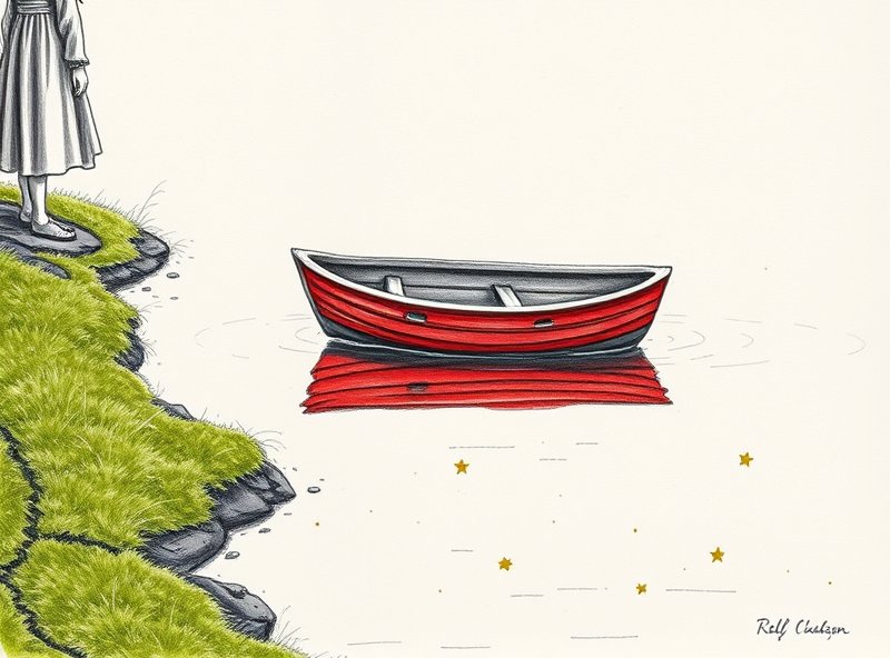 The girl discovers the mossy patch while her brother tends to the weathered red boat.