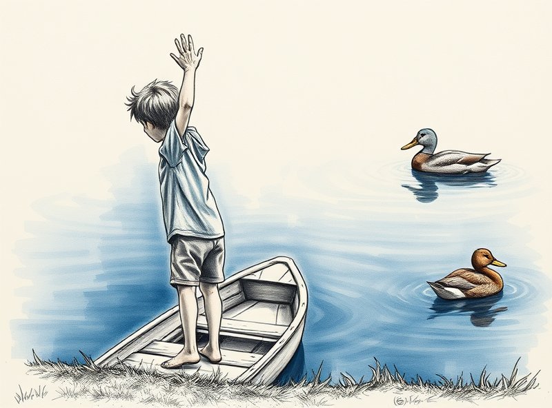 The boy waves toward the lake center while the girl considers joining him on the creaking skiff.
