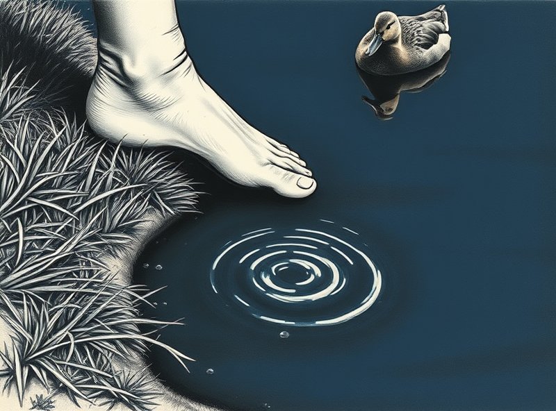 The girl feels the cool wetness of the grass edge as a nearby duck drips into the dark water.