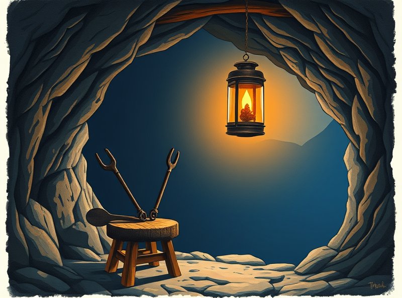 The lantern’s orange glow on the cave floor.