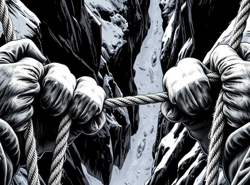The team grips a low-hanging rope bridge after failing to open the inner gate, with frost-covered hands and an abyss below.