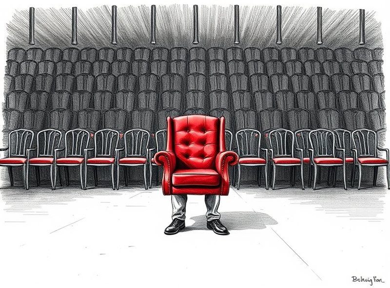 Mr. Henderson stands before one isolated red leather chair, with a deep shadowy void stretching behind it.