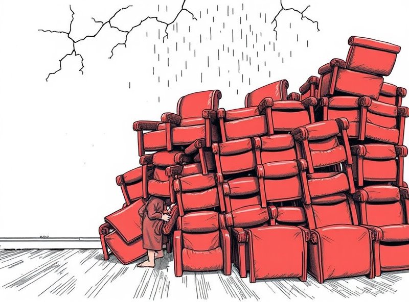 The domino effect ends with a pile of chairs at Mr. Henderson's feet as dust falls from the cracked wall.