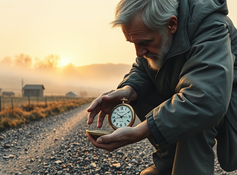 Arthur examines his broken chronometer at dawn