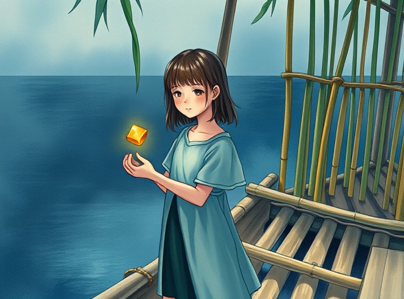 Elara adds a shard of sticky gold to weigh down her drifting bamboo house.