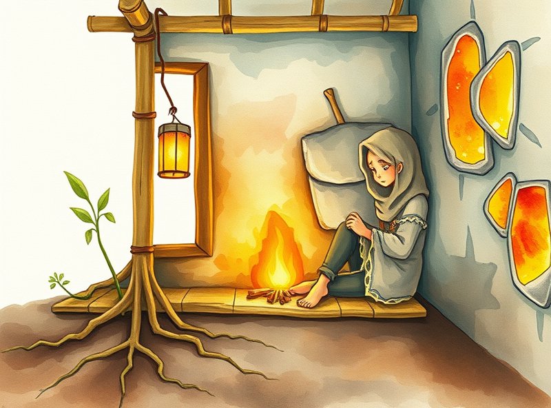 The house slows its drift as roots hold fast and the amber glows softly with firelight.