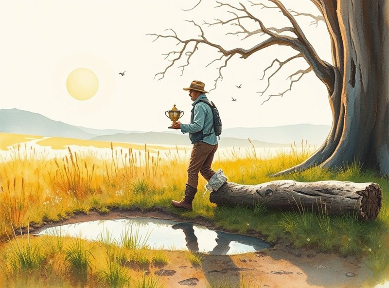 In the bright clean light of morning, the beekeeper moves the Queen Cup to a new log beside a shallow pool of rain as he walks back along the track.